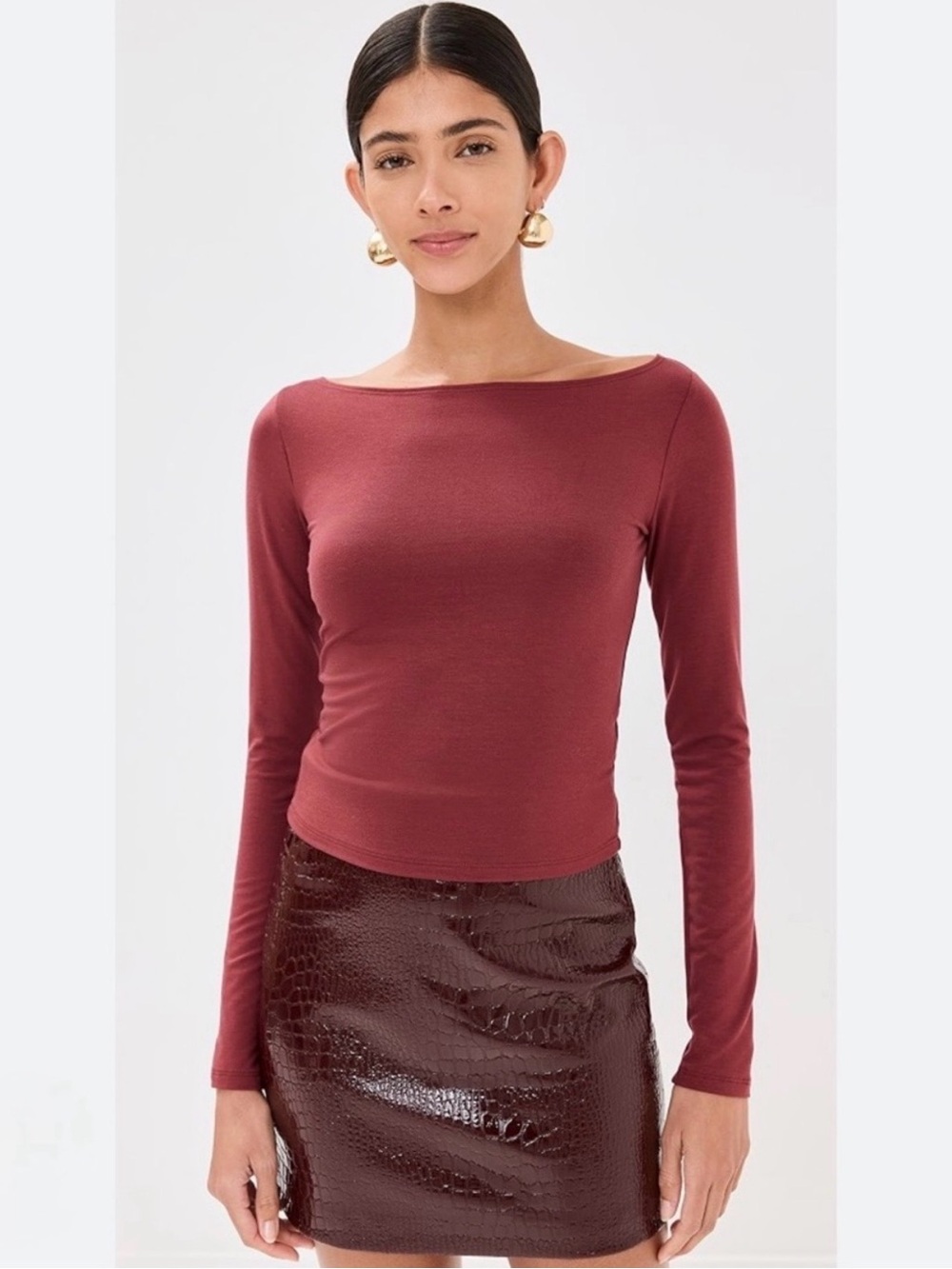 Reformation Long Sleeve Boatneck Top in Burnt Red